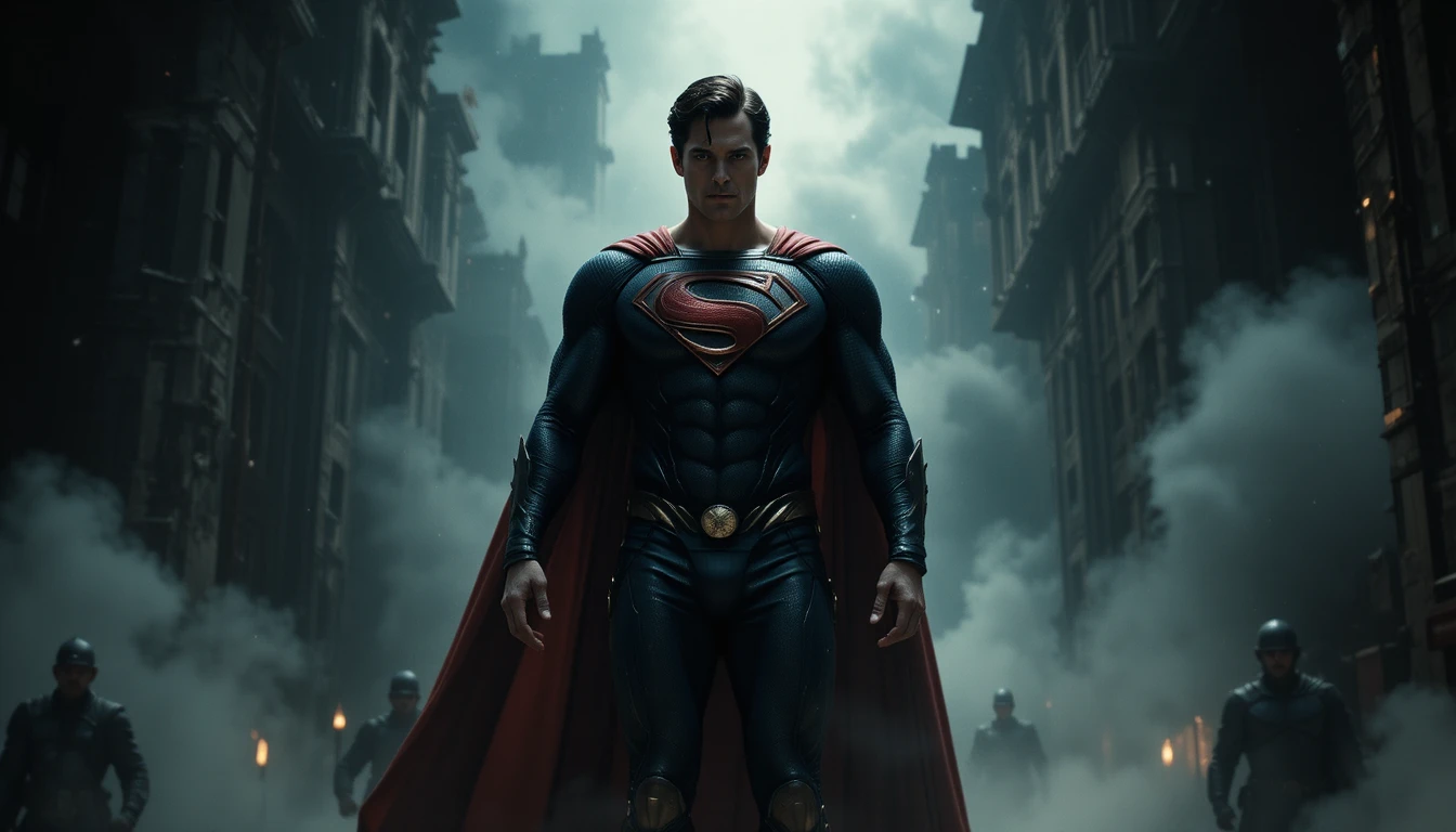 Super-herói solitário pairando sobre uma cidade sombria e épica