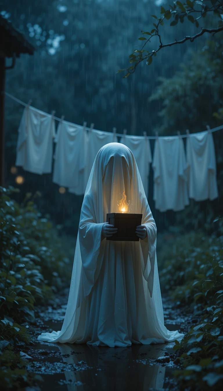 Petit fantôme tenant une boîte lumineuse dans un jardin pluvieux