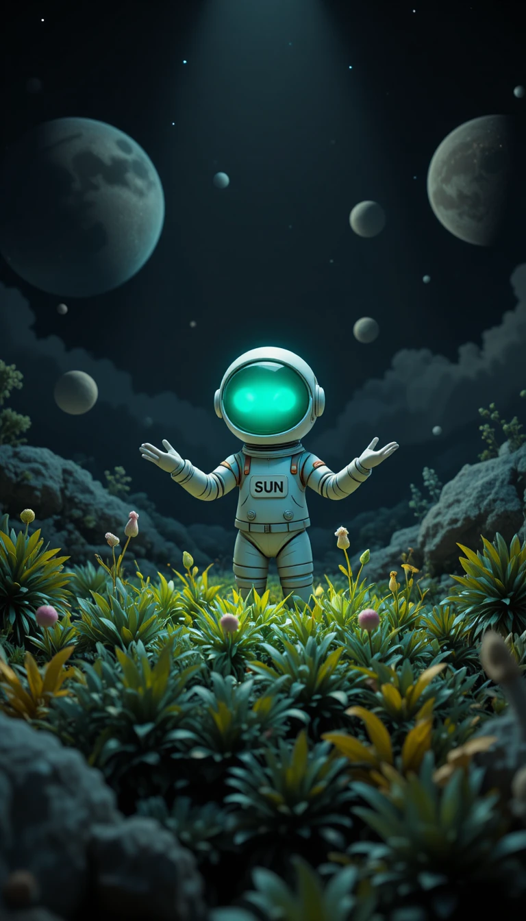 Astronaut greift nach leuchtendem Alien-Garten im tiefen Weltraum