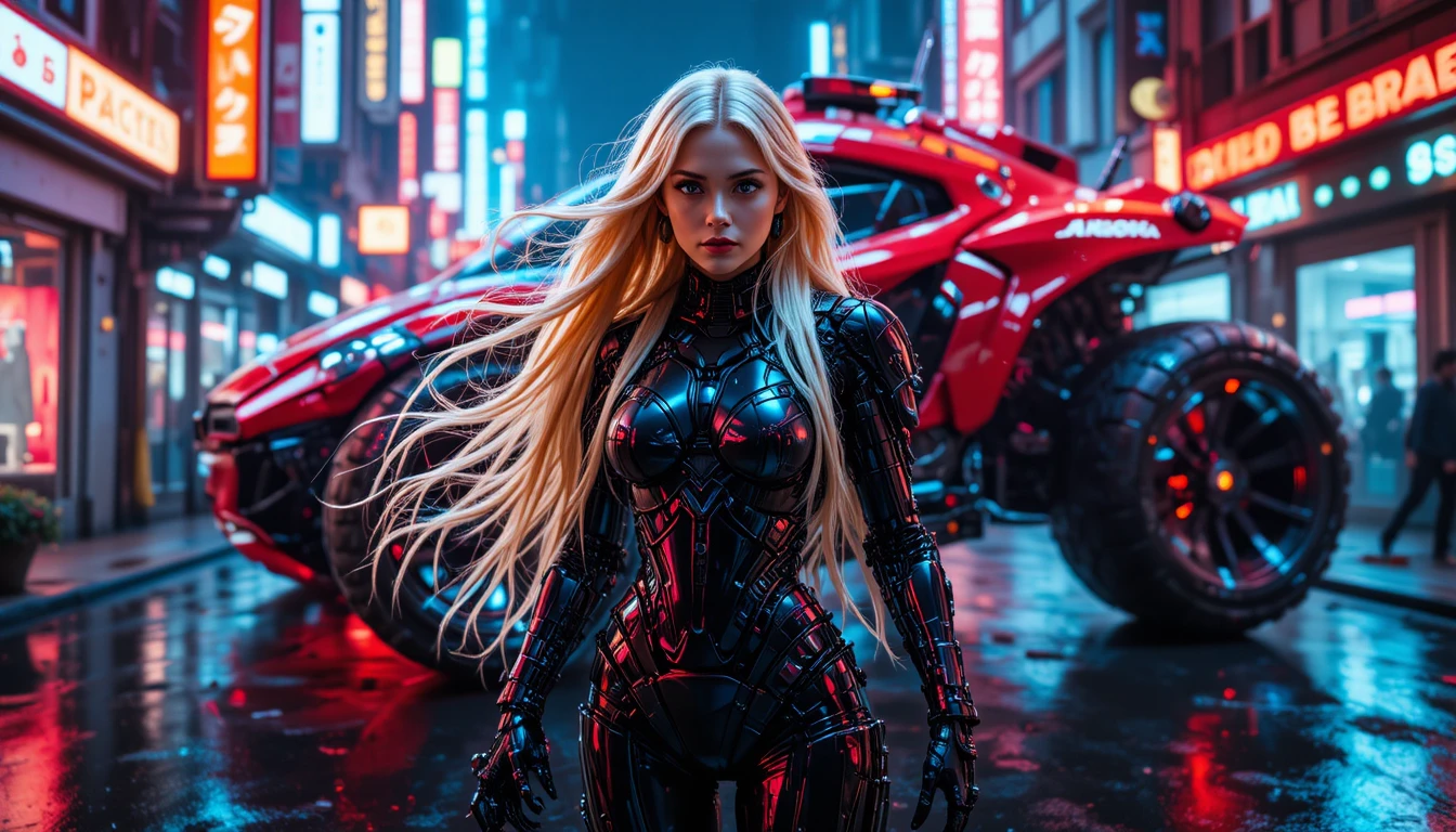 Cyberpunk-Cyborg-Kriegerin in neonbeleuchteter futuristischer Straße