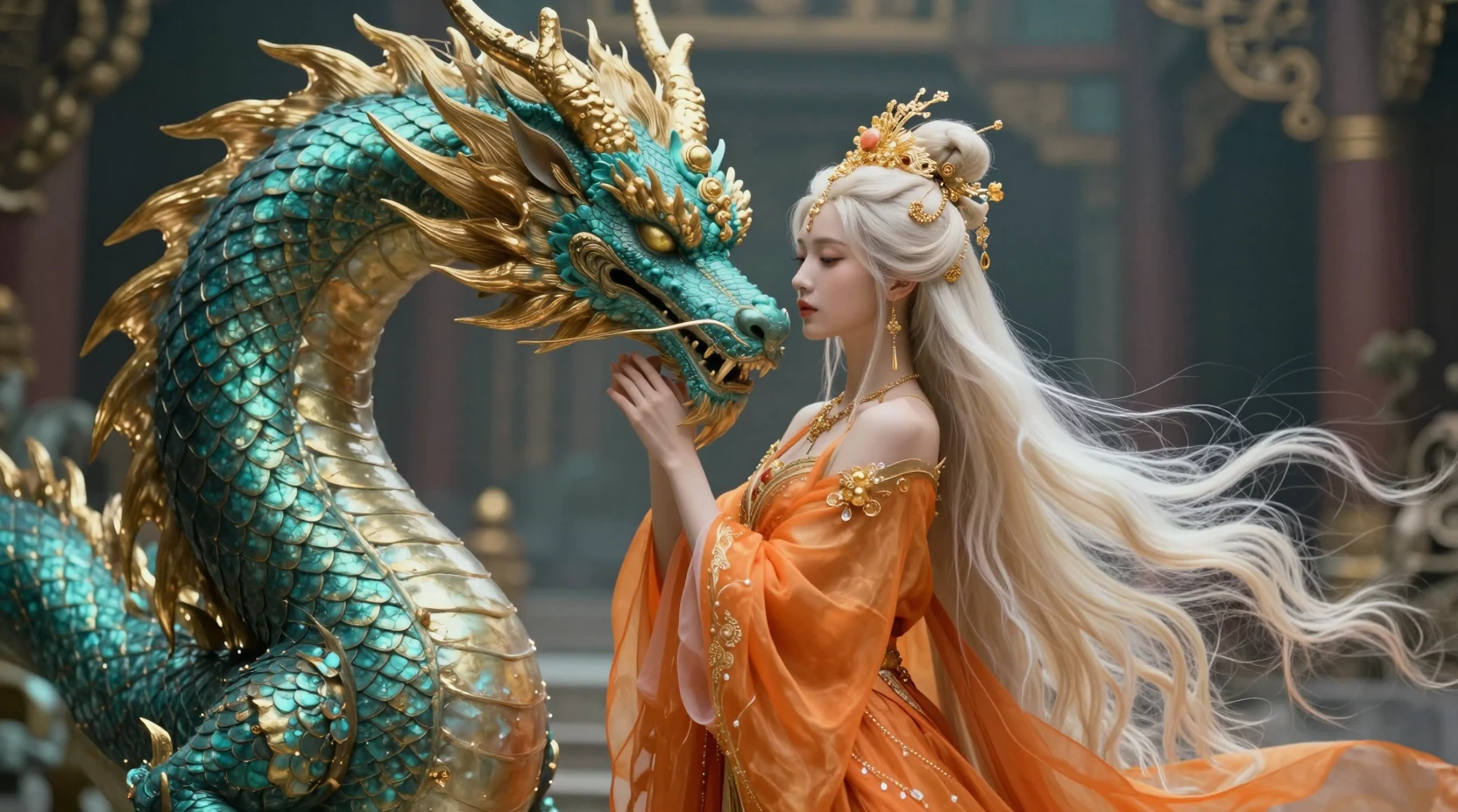 Fantasy woman with dragon in ancient turquoise ruins