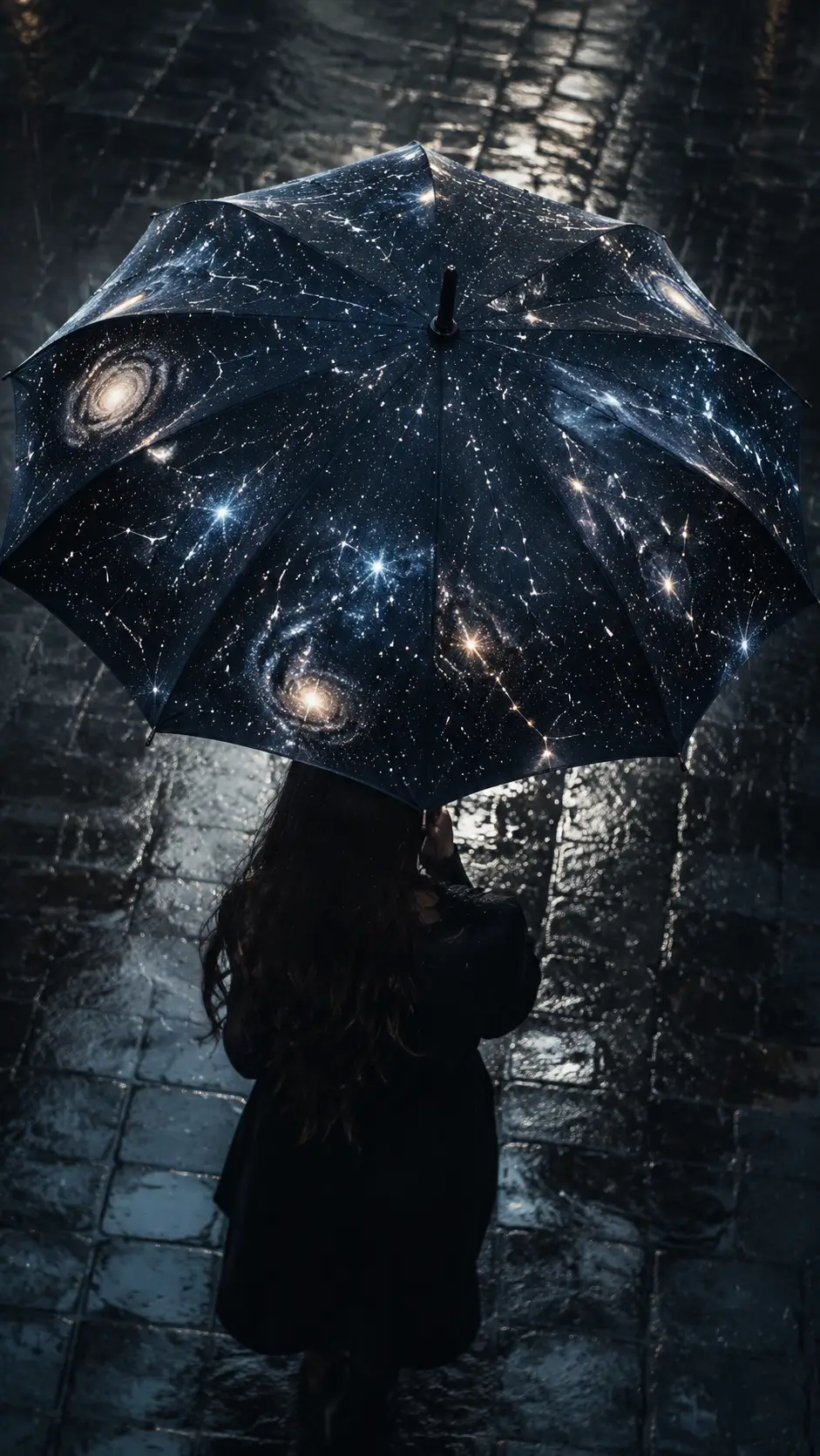 Donna con ombrello che svela un cielo notturno vorticoso