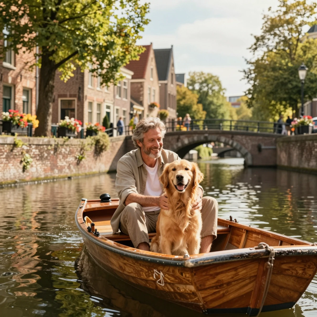Homem e Golden Retriever em barco em canal ensolarado