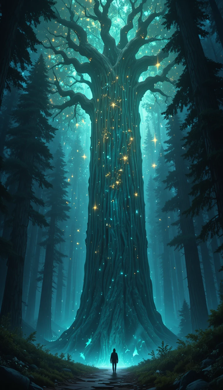 Árbol ancestral resplandeciente que se alza sobre un solitario caminante del bosque