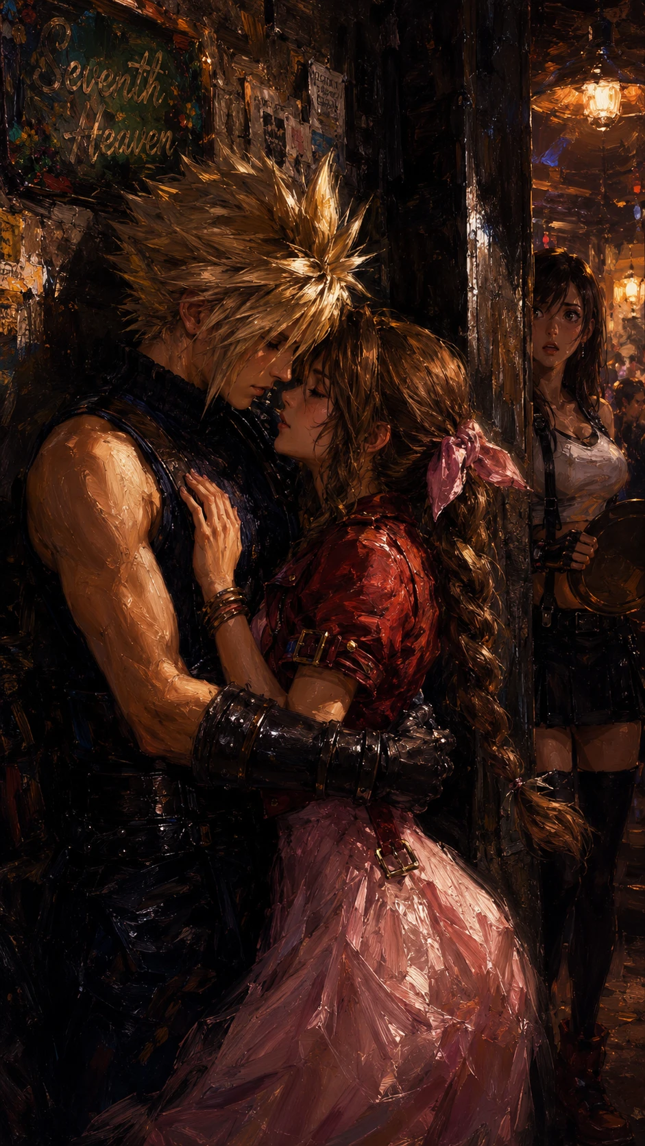 Tender couple embracing in a dim bar corner