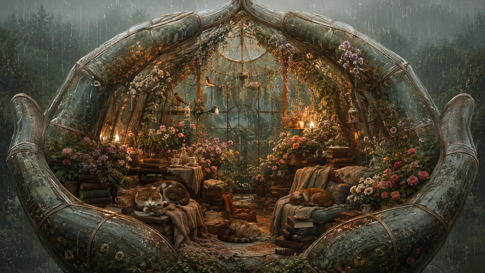 Intérieur de serre chaleureux avec chats endormis et fleurs