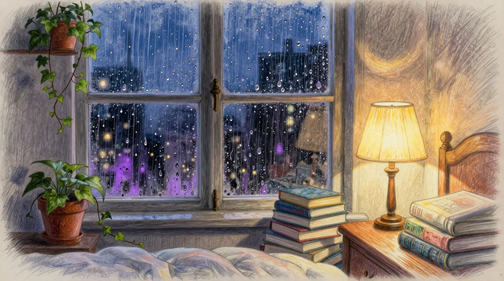 Cozy bedroom at midnight with rain on the window