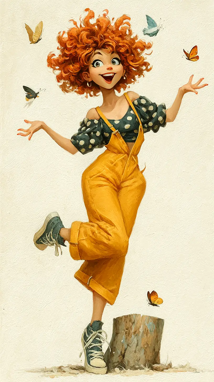 Joyful Cartoon Girl Dancing On A Forest Tree Stump