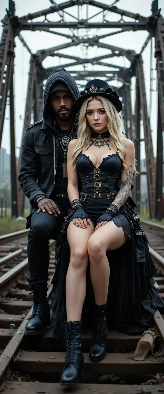 Rapper negro e mulher gótica em um trono de fantasia de ferro