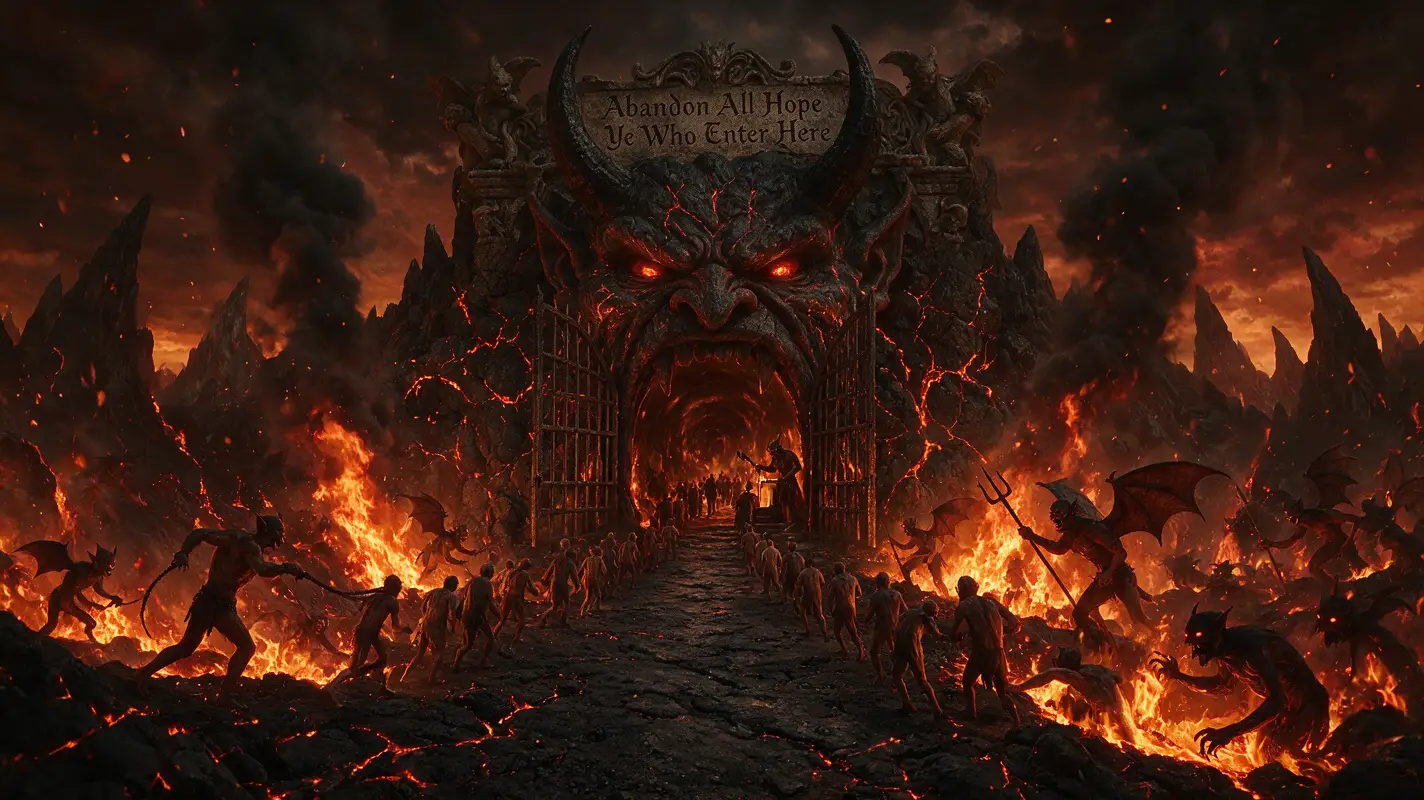Sentiero desolato che conduce a un portale demoniaco dell’inferno