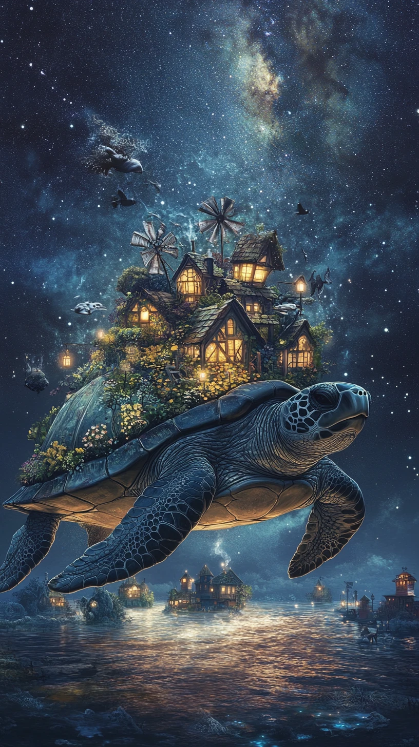 Gigantic sea turtle carrying cottages across a starlit ocean