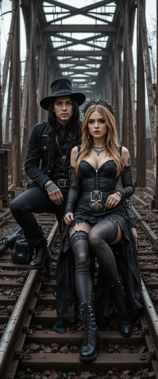 Gothic rapper and rockstar woman on an iron throne