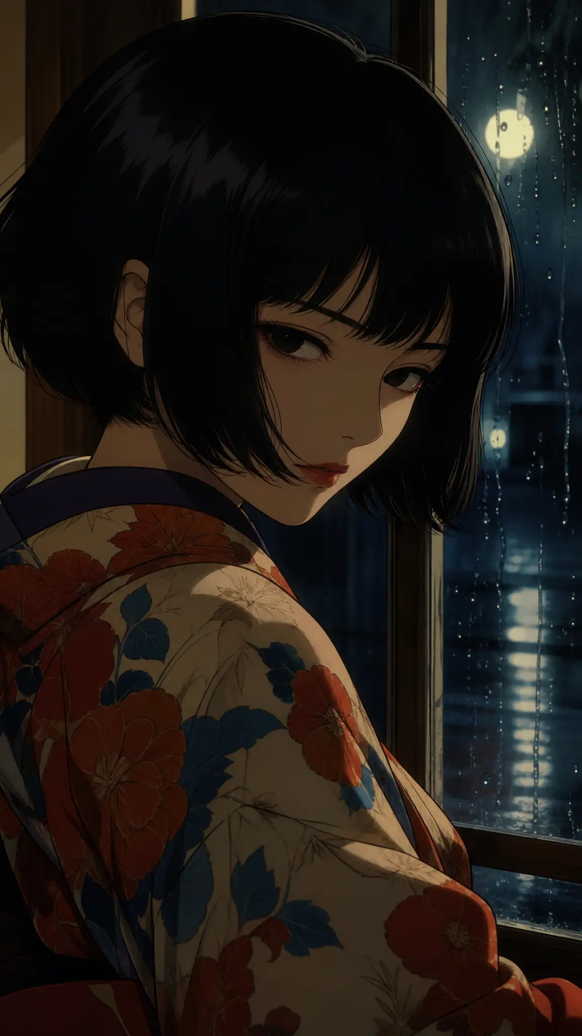 雨夜濕潤窗邊的和服動漫女子