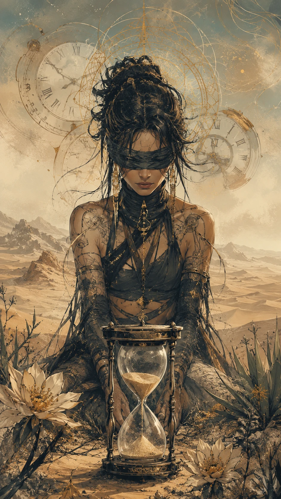 Donna cyberpunk bendata con clessidra nel deserto