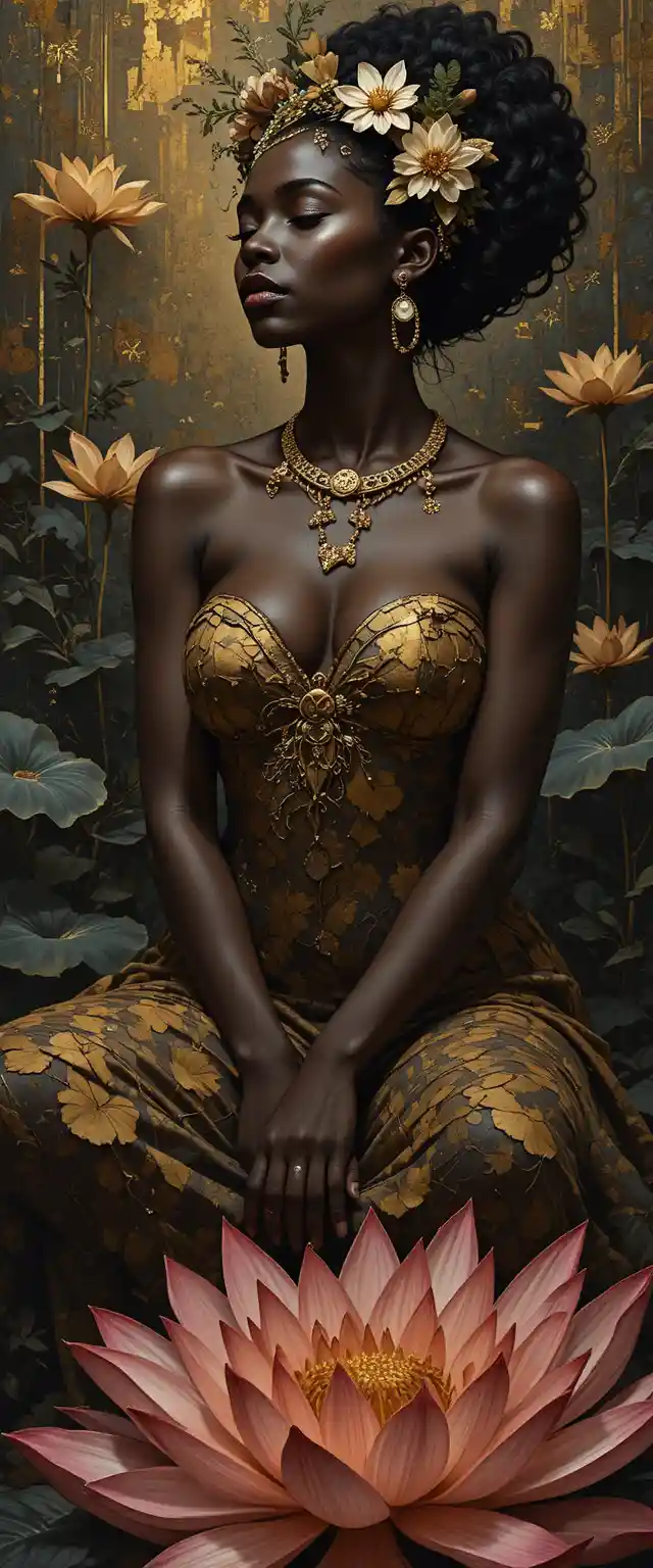 Retrato abstracto estilo anime de una mujer africana en postura de loto