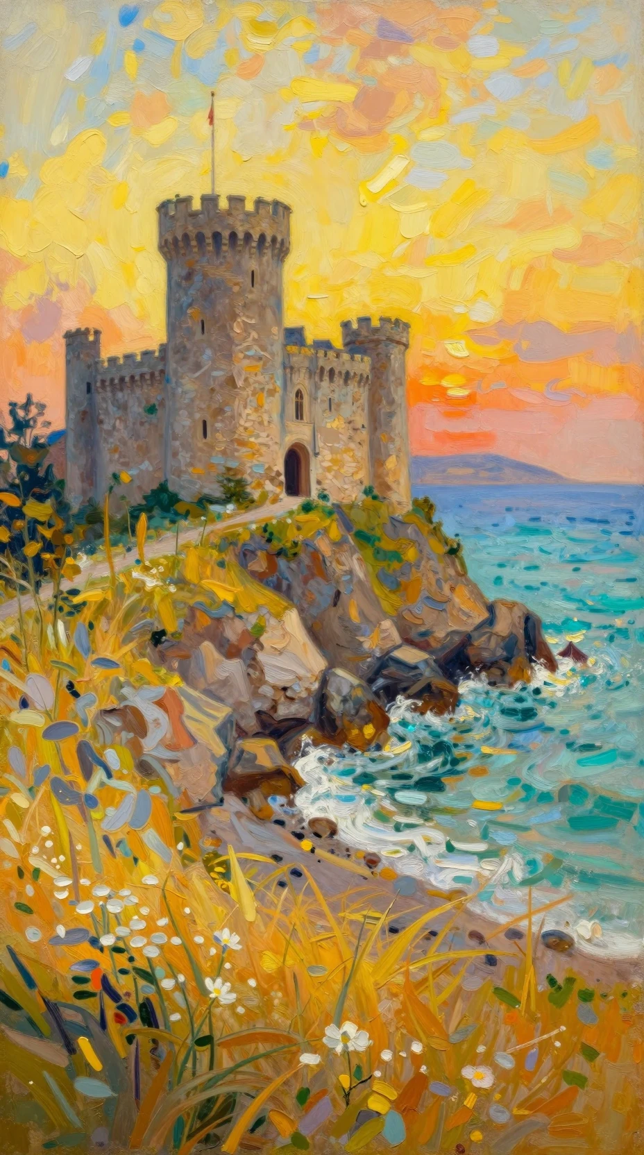 Castelo impressionista ao pôr do sol em uma costa rochosa turquesa