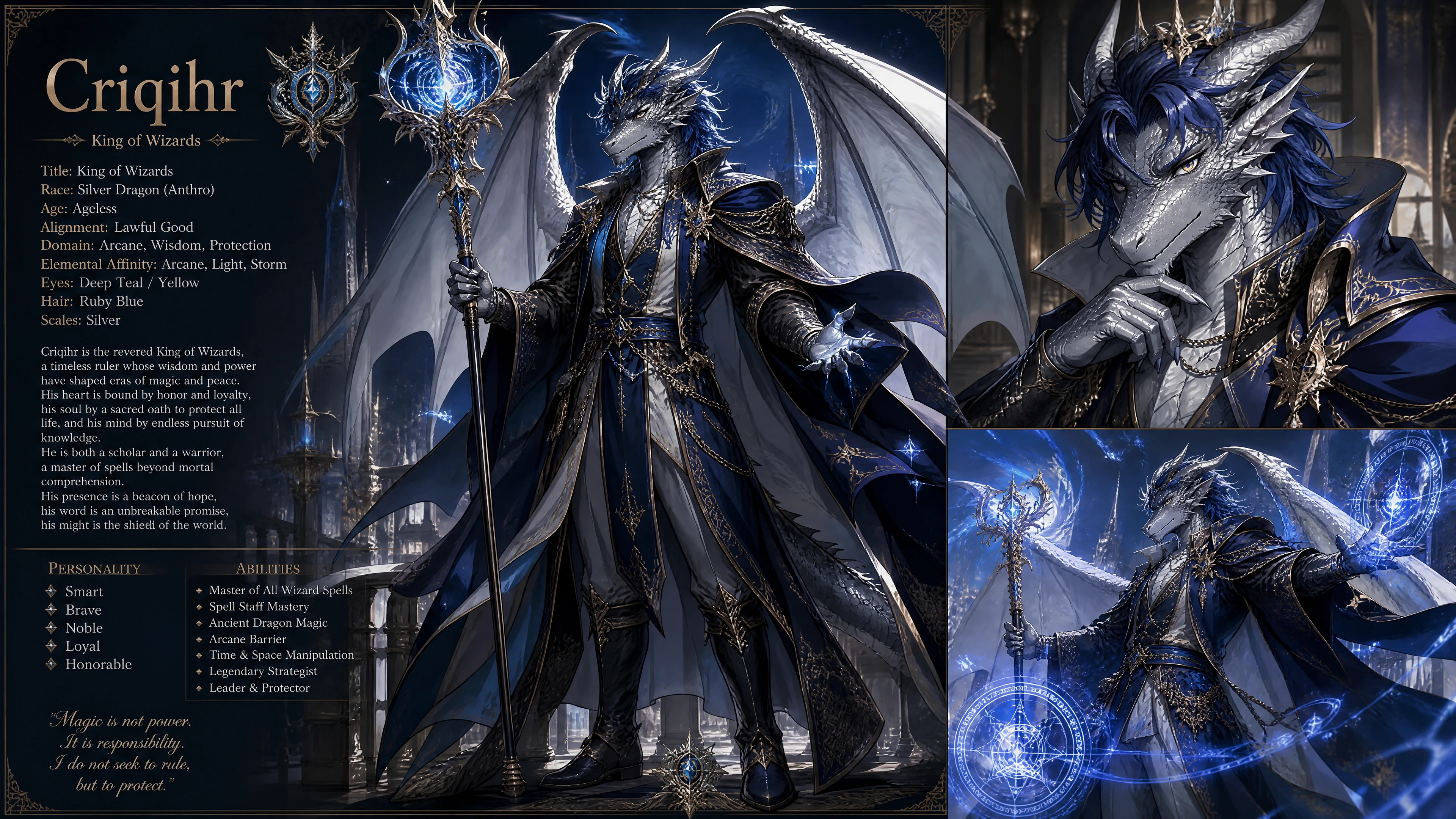 Roi dragon argenté ailé en habits de mage royal