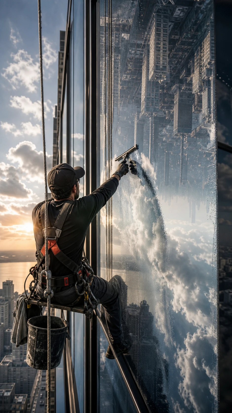 Limpador de janelas de arranha-céu diante de vidro urbano surreal e reflexivo