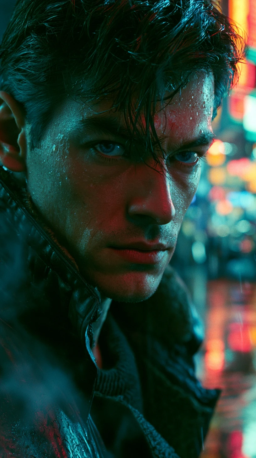 Close-up de um homem na chuva futurista iluminada por neon