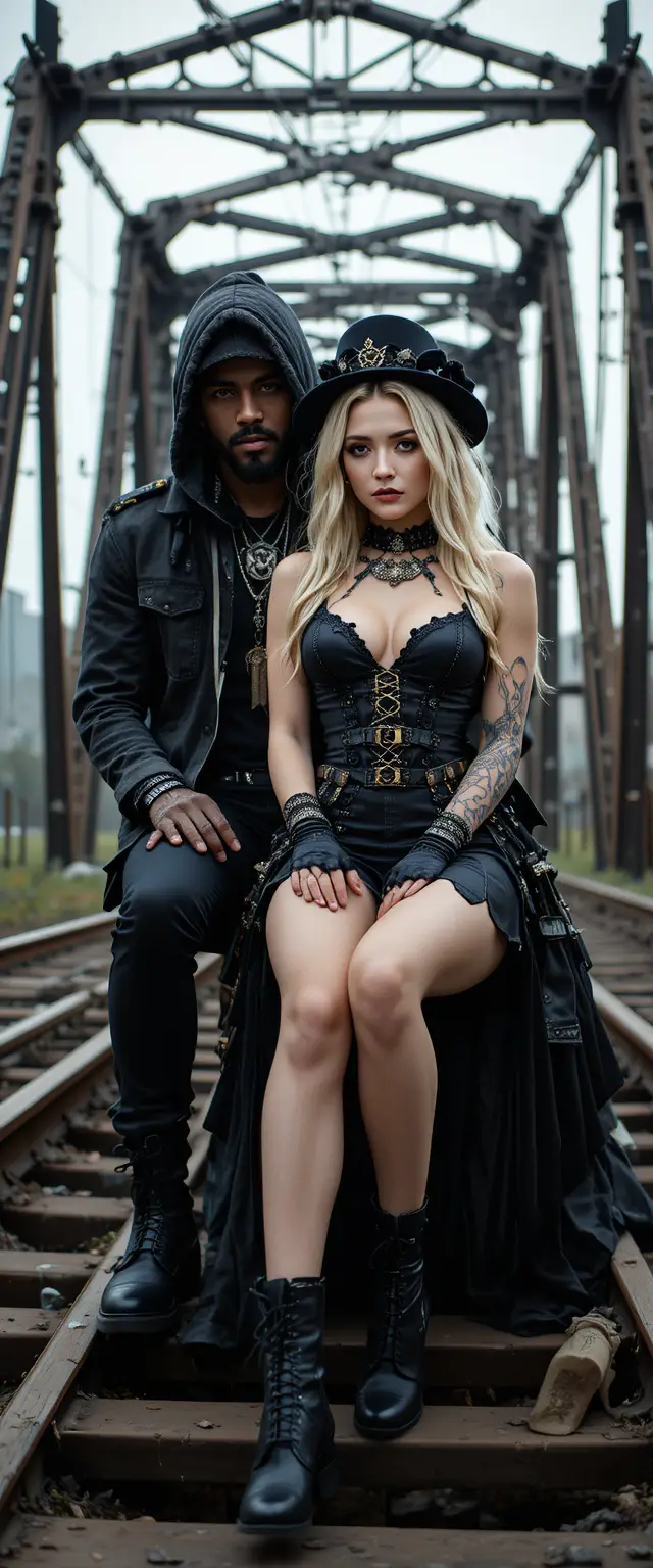 Black rapper and goth woman on an iron fantasy throne