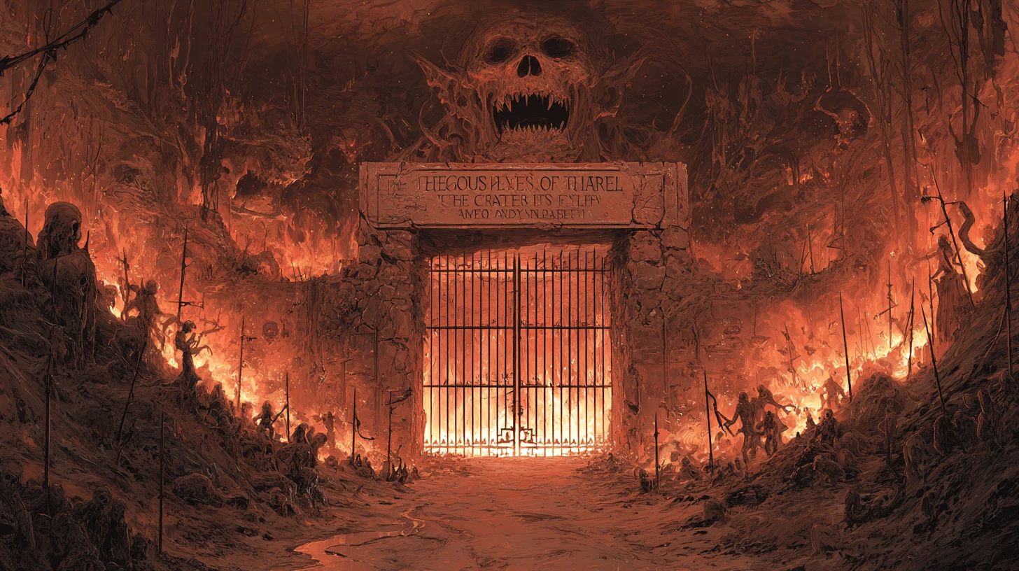 Demons Guarding A Fiery Gate On The Road To Hell