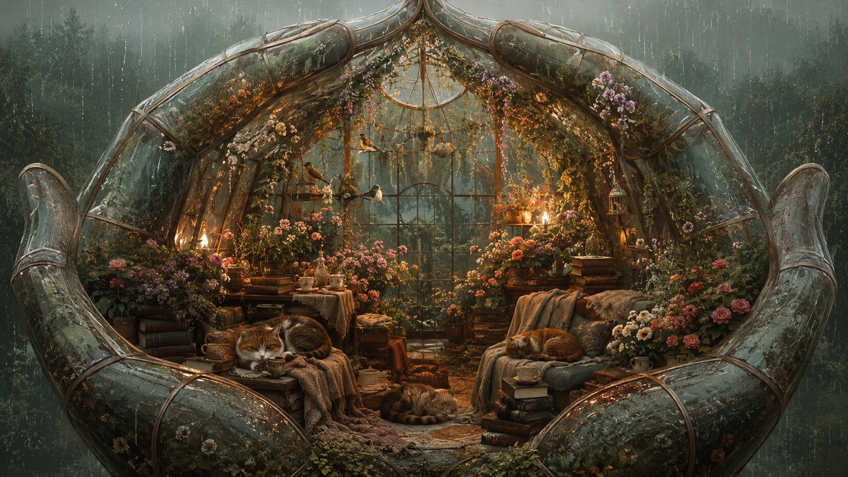 Gemütliches Gewächshaus-Interior mit schlafenden Katzen und Blumen