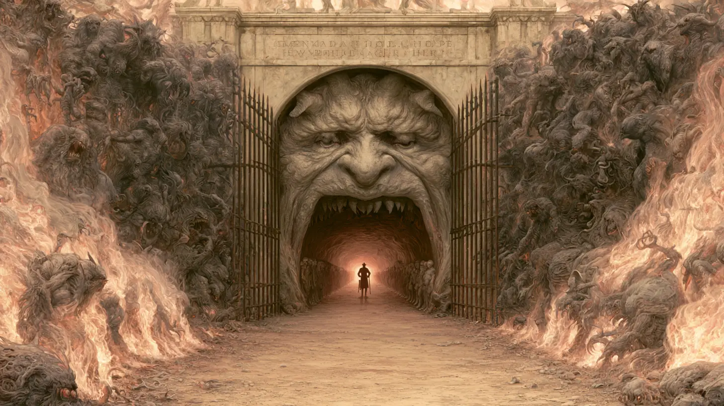Terrifying demon gate at the fiery entrance to hell