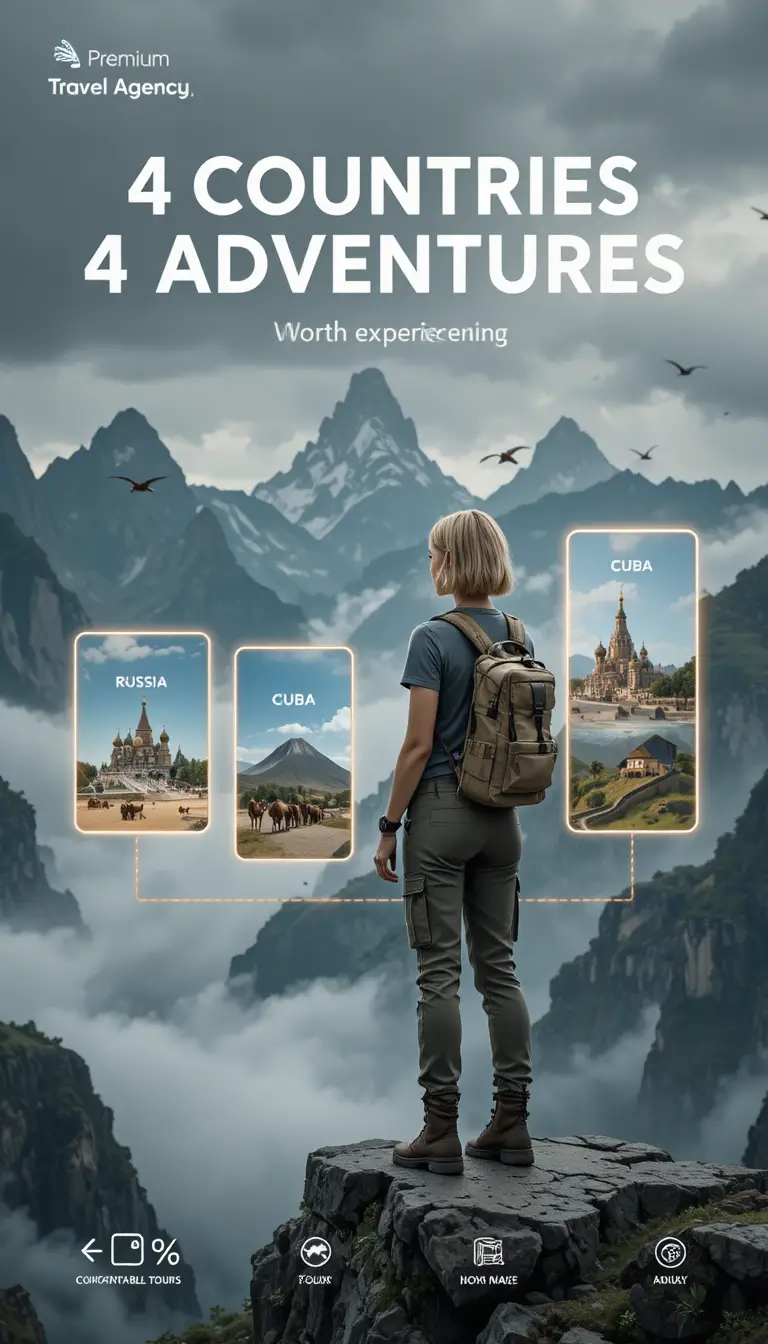 Woman explorer facing glass travel cards in the mountains