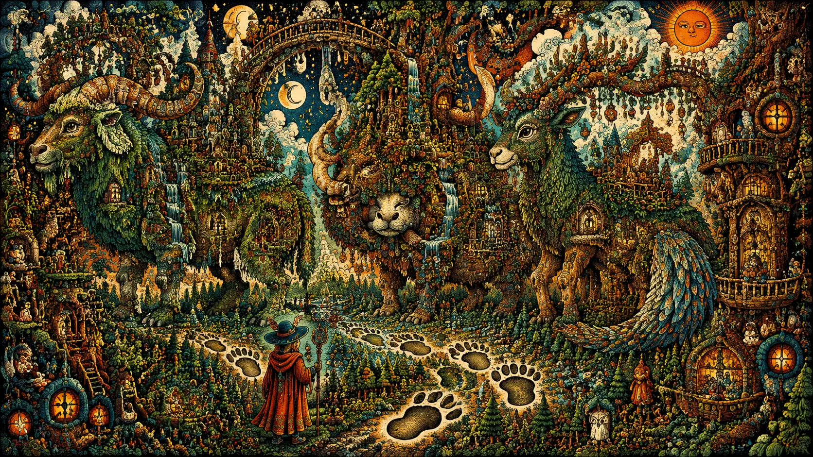 Gentle horned forest giants encircling luminous treehouses