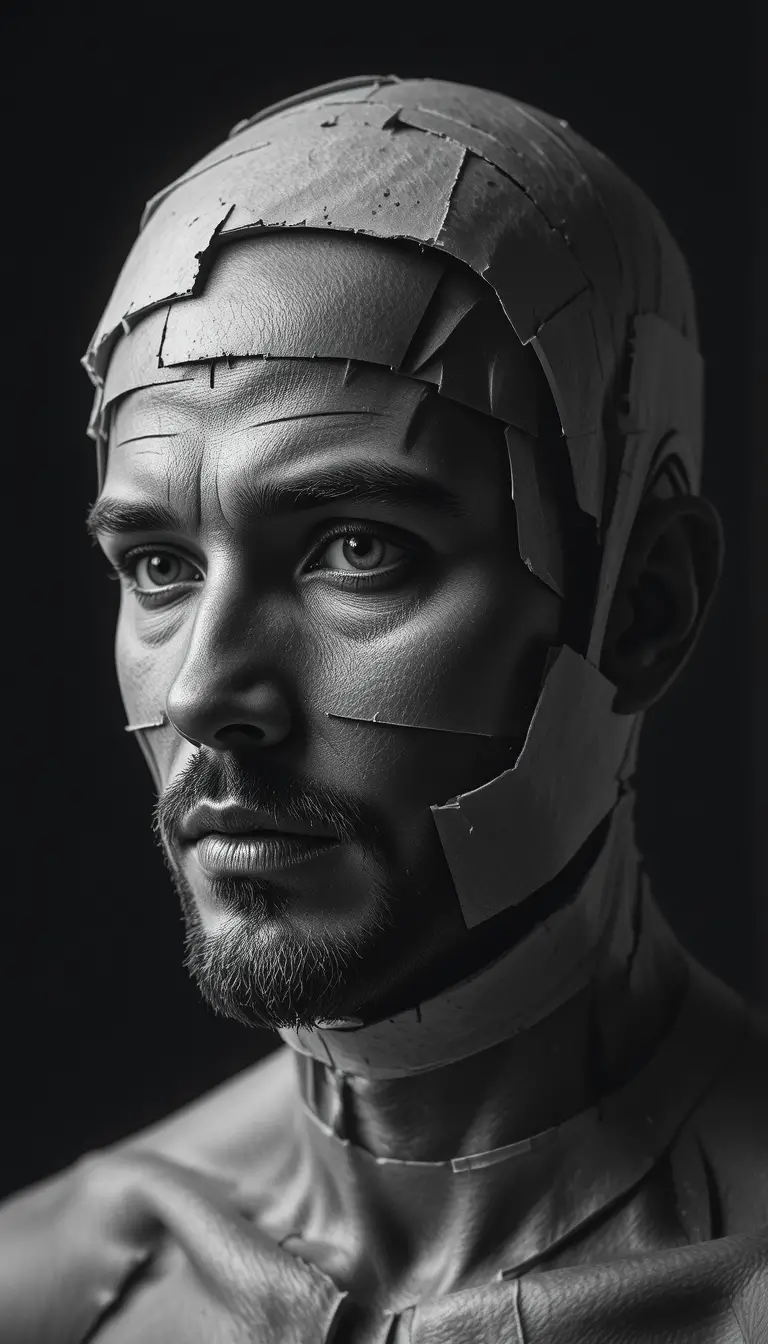 Layered black and white portrait of a fragmented male face