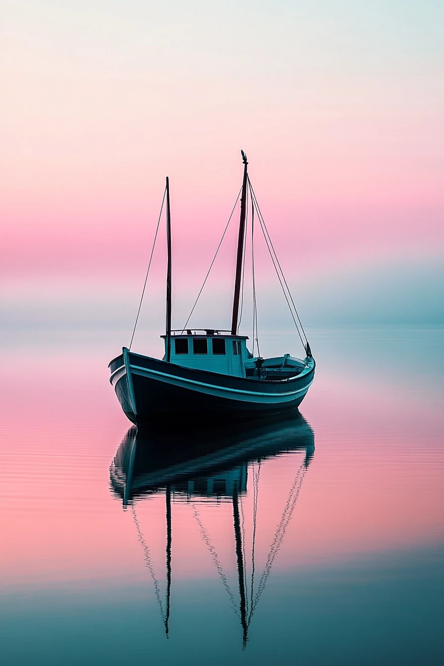 Onirico paesaggio nautico fiabesco con morbidi colori pastello e luce soffusa