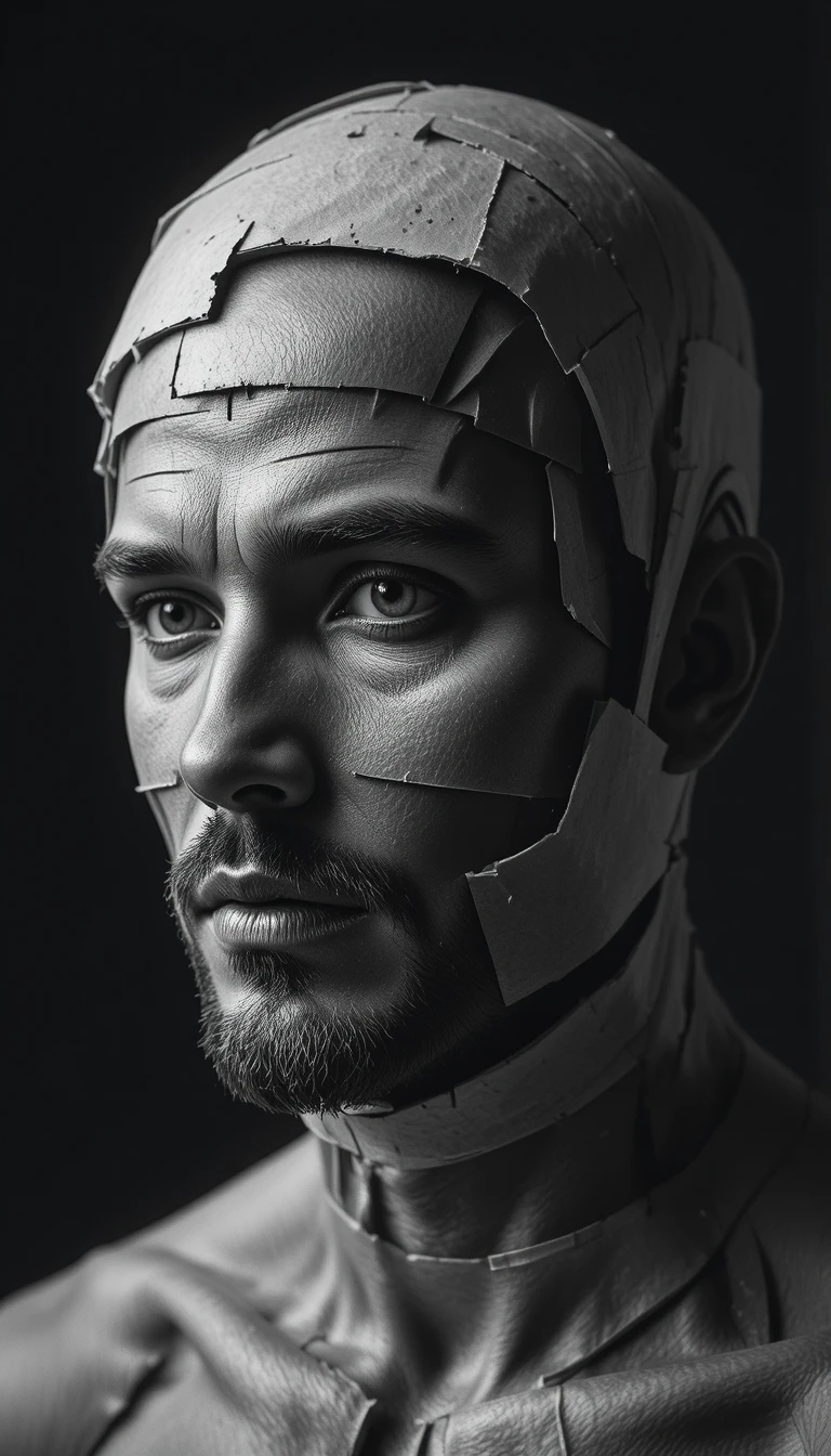 Retrato em preto e branco em camadas de um rosto masculino fragmentado