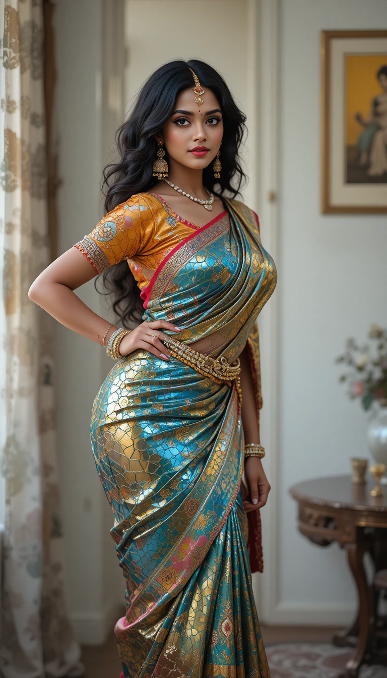 Tamil woman in reflective saree posing indoors at waist level