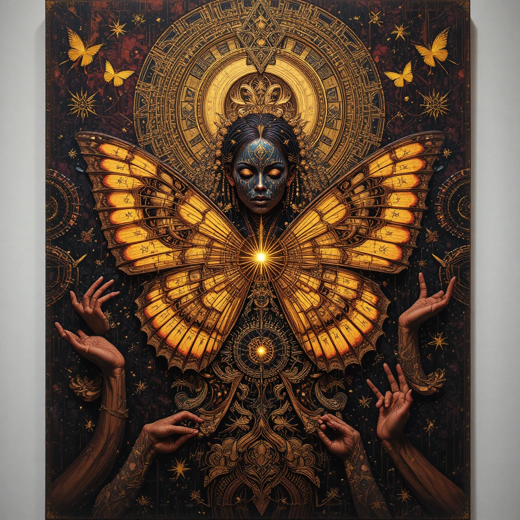 Surreal woman dissolving into butterflies in glowing mandala