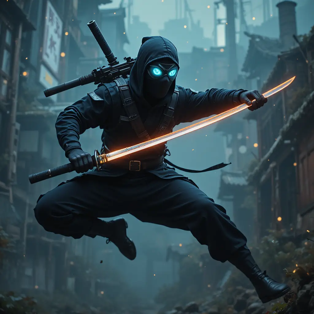 Ninja leaping through the air with samurai sword drawn