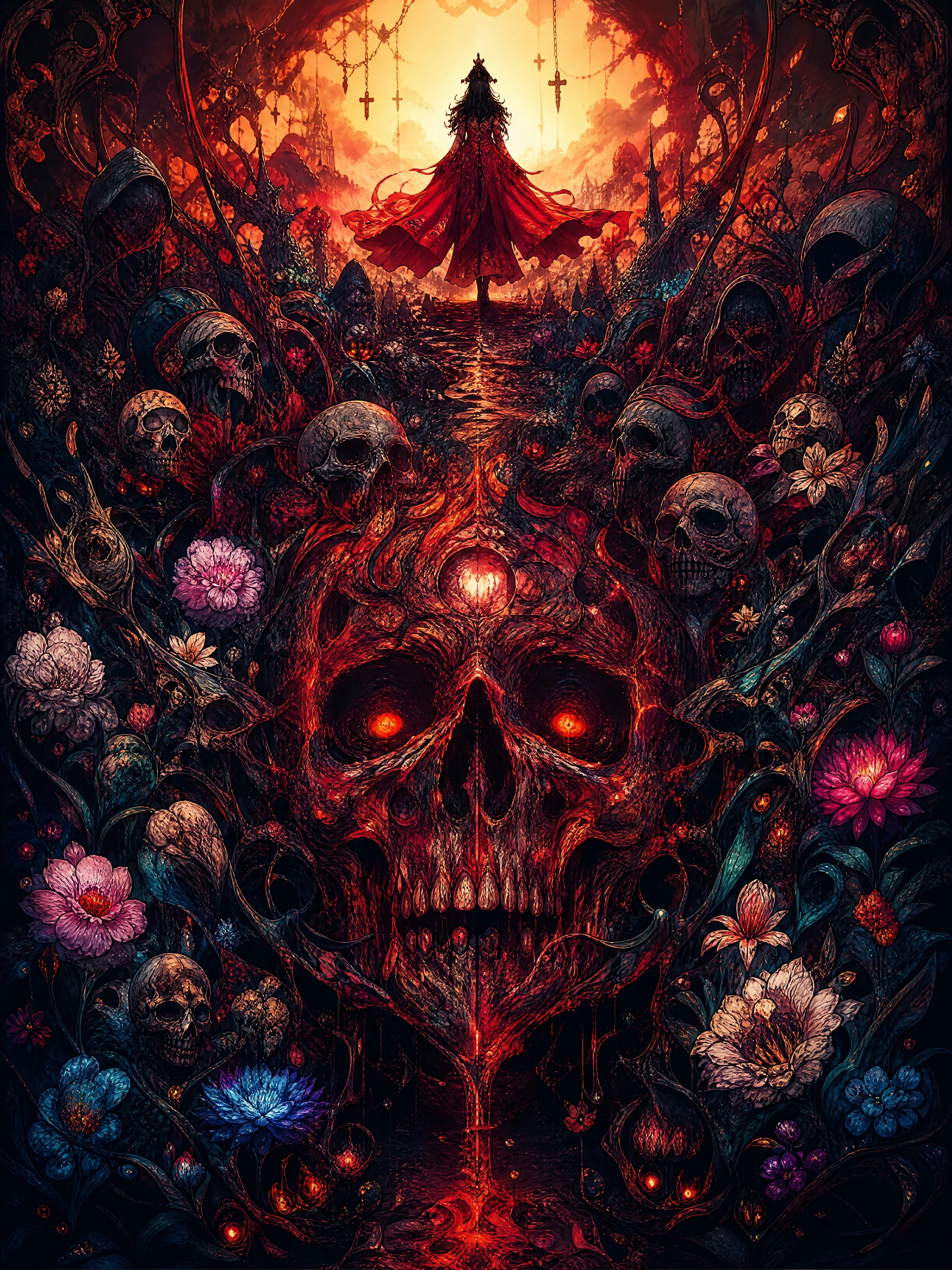 Crâne colossal en feu planant au-dessus d’un jardin de dark fantasy