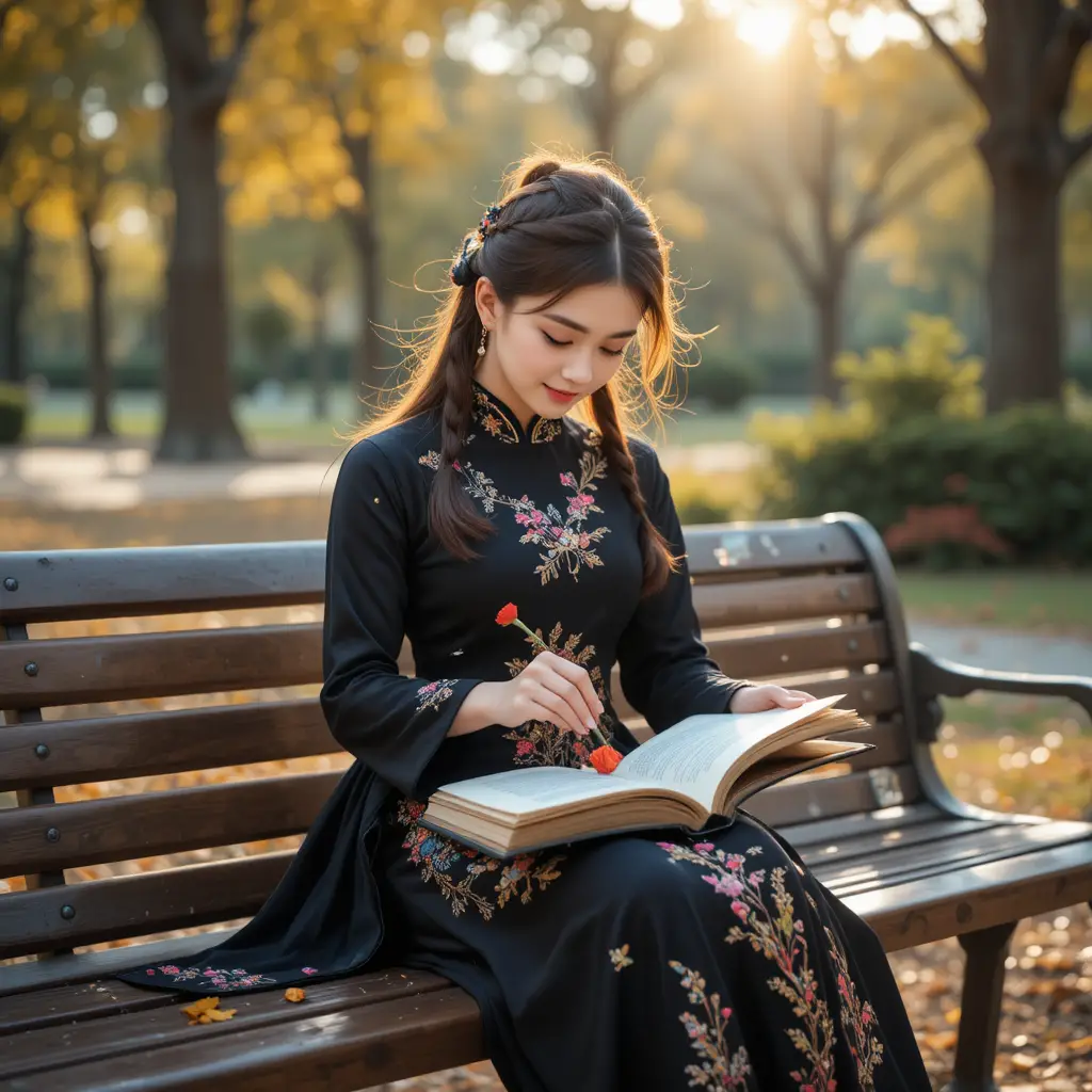手持花與打開書本坐在公園長椅上的年輕女子