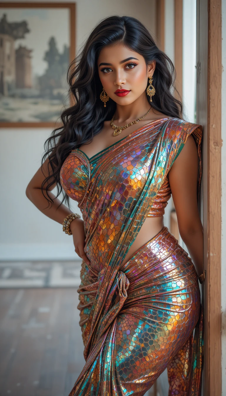 Mulher indiana de saree refletivo curvando a cintura em ambiente interno