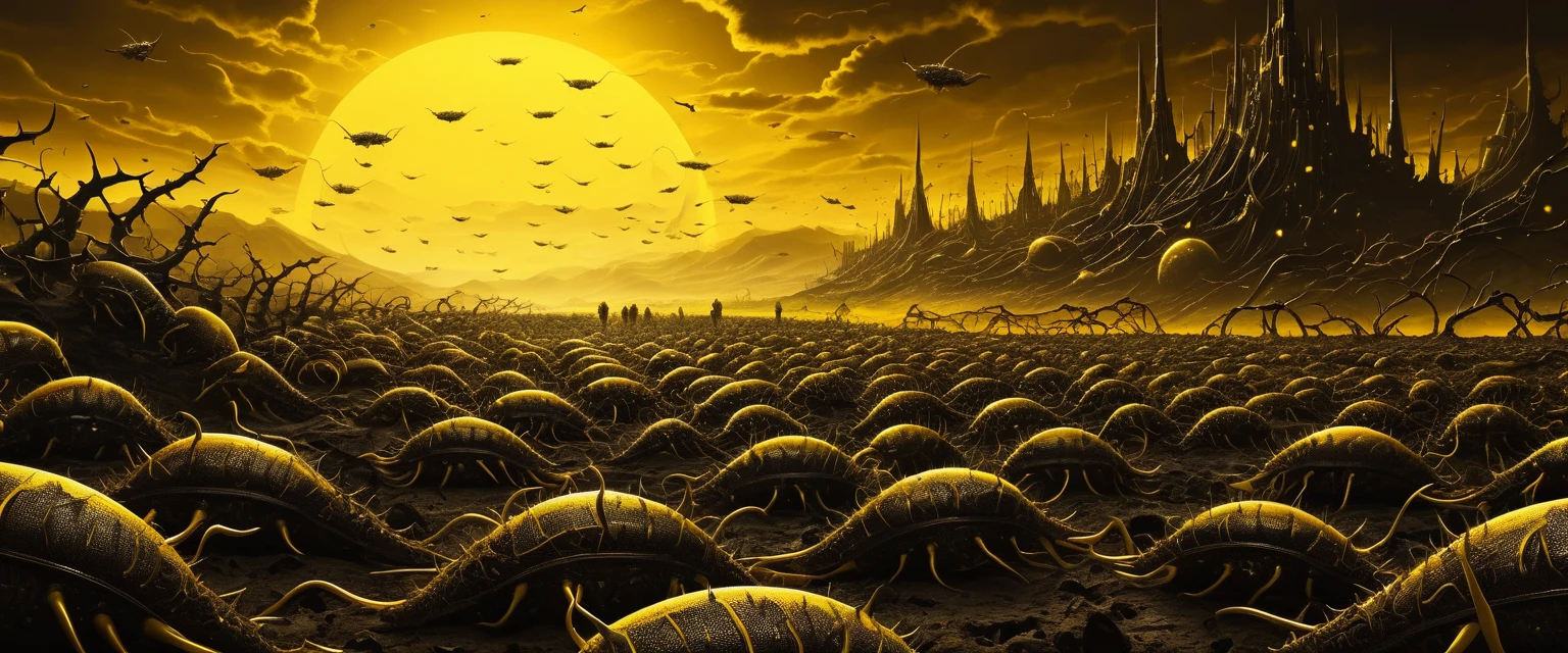 Enxame futurista de vermes correndo por um ermo desolado