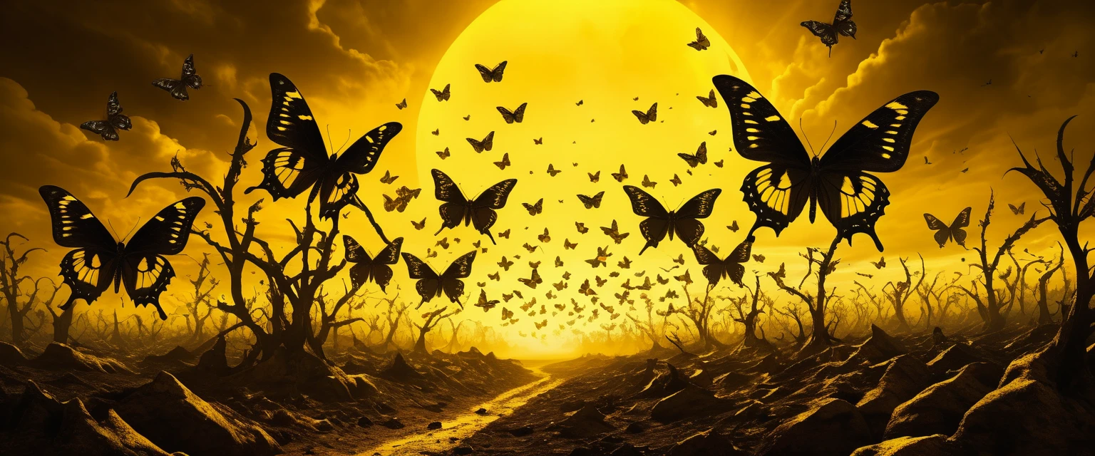 Monstrous Cybernetic Butterflies Swarming Above Wasteland Valley
