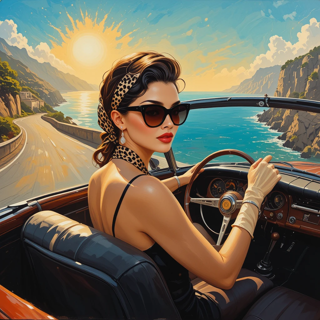 Elegante mulher dos anos 1950 dirigindo ao longo da costa mediterrânea