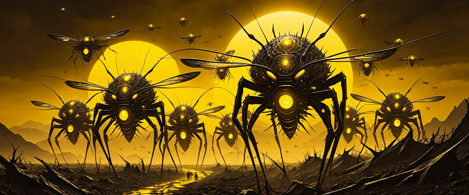 Immense nuée d’insectoïdes extraterrestres dans un désert sombre