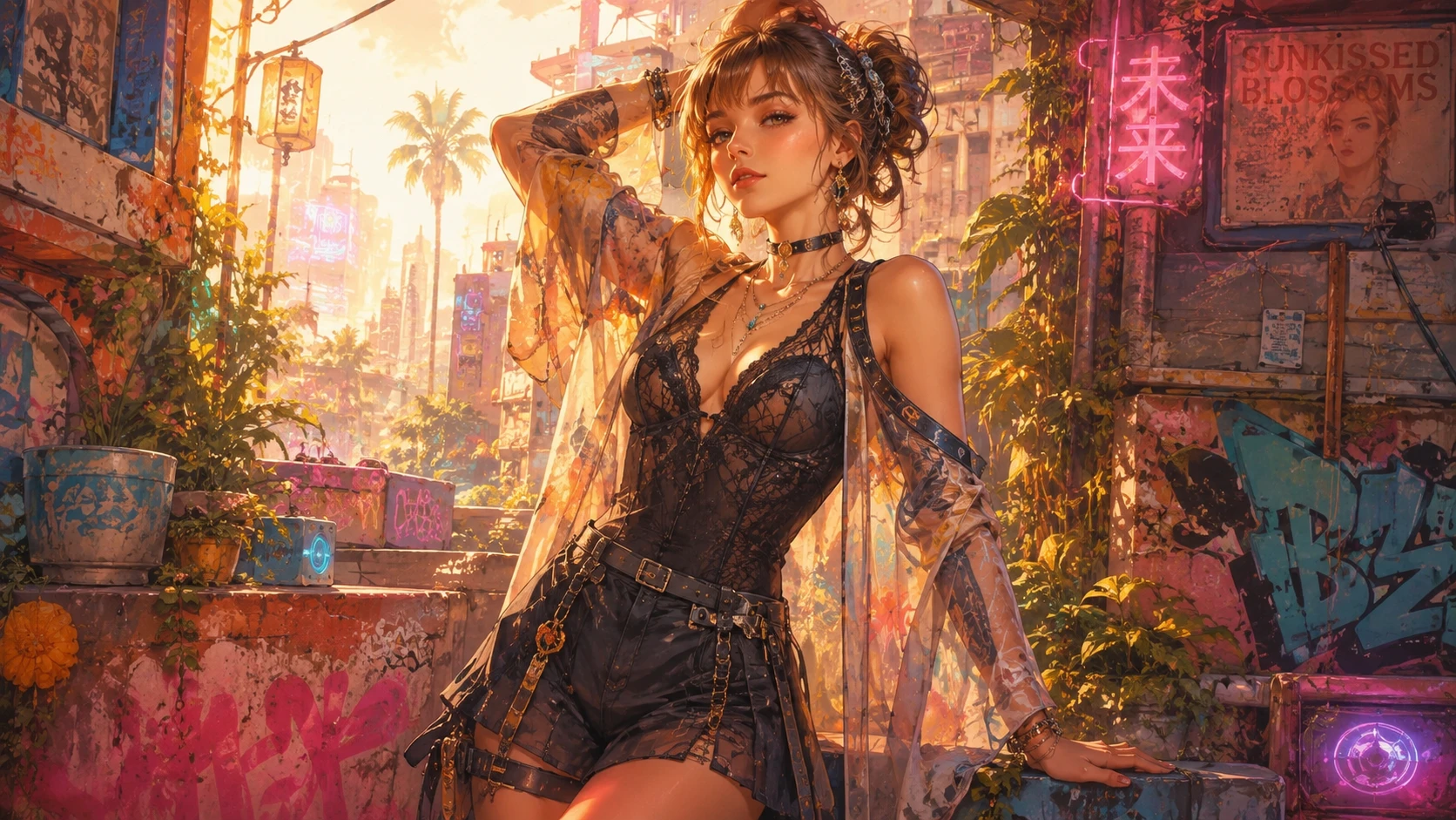 Confident summerpunk woman in a sunlit futuristic city