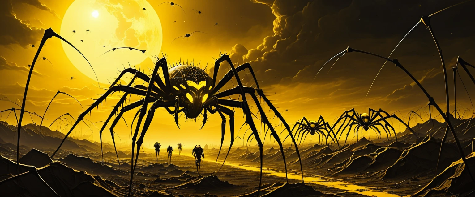 Enxame futurista de aranhas atravessando um vale sombrio e desolado
