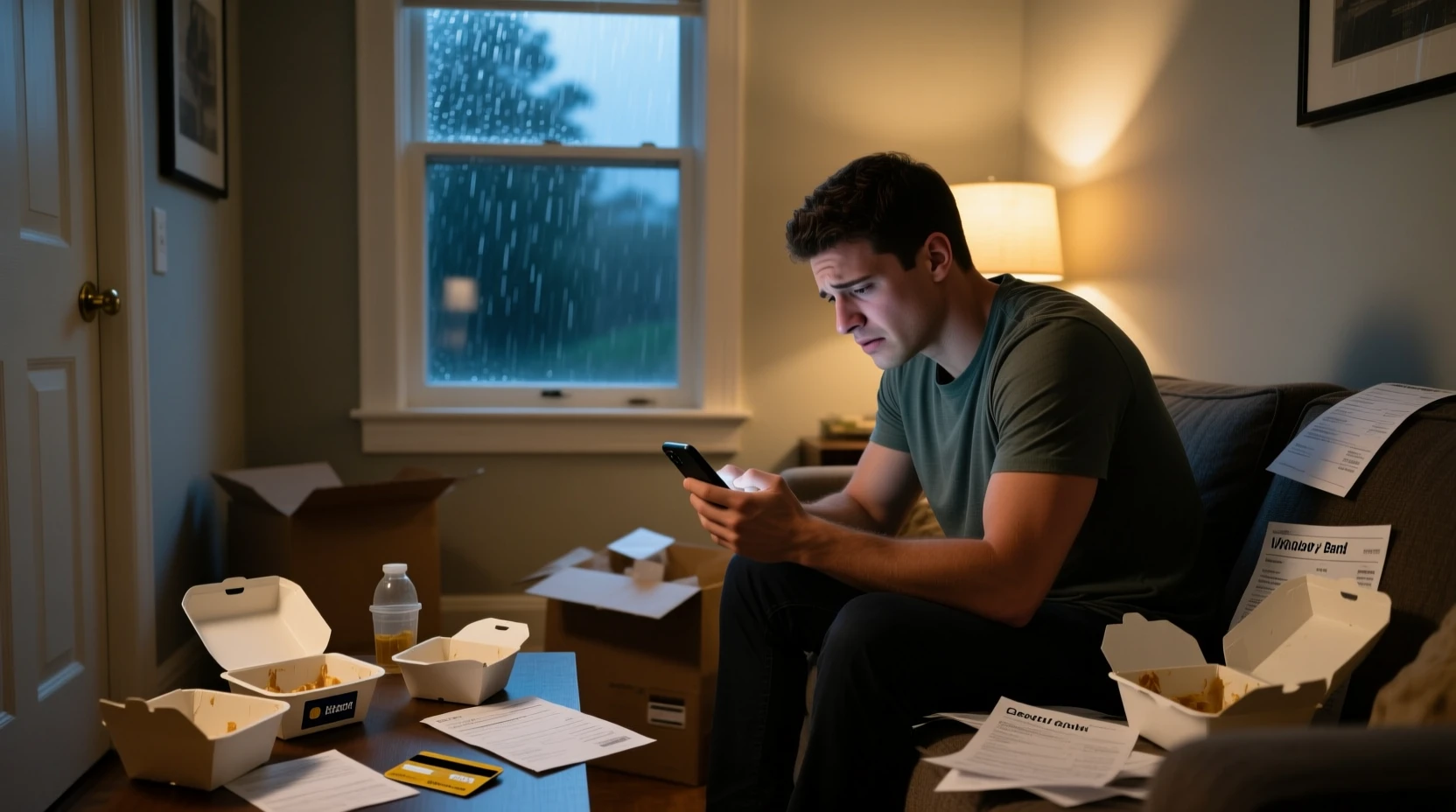 Worried man checks bank balance in small city apartment