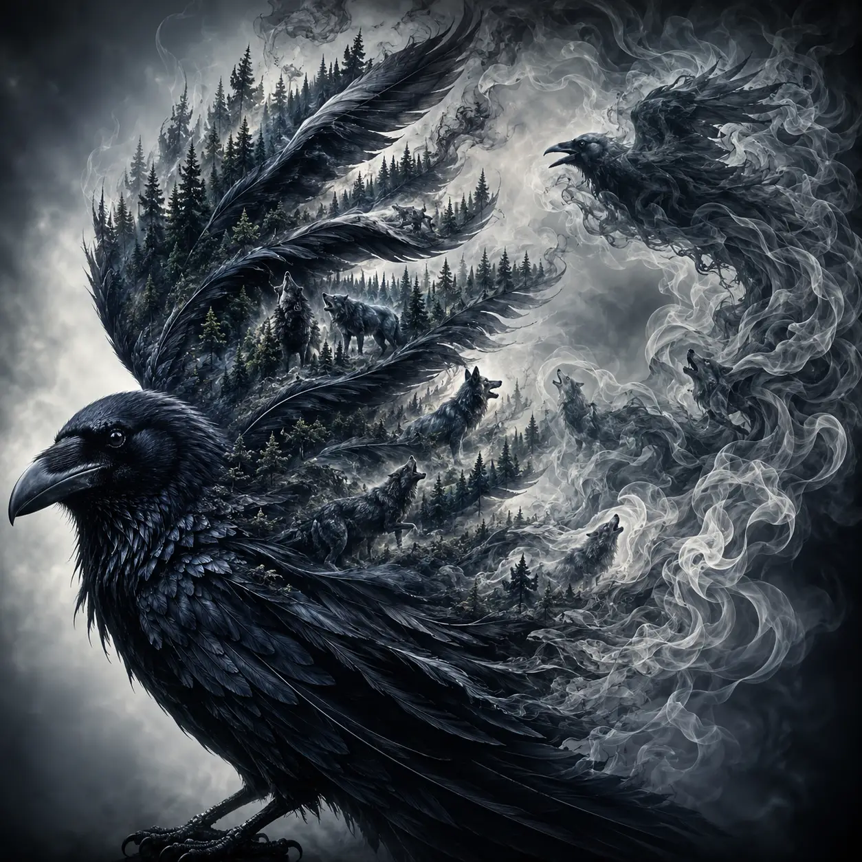 Single raven emerging from abstract feather fractal patterns
