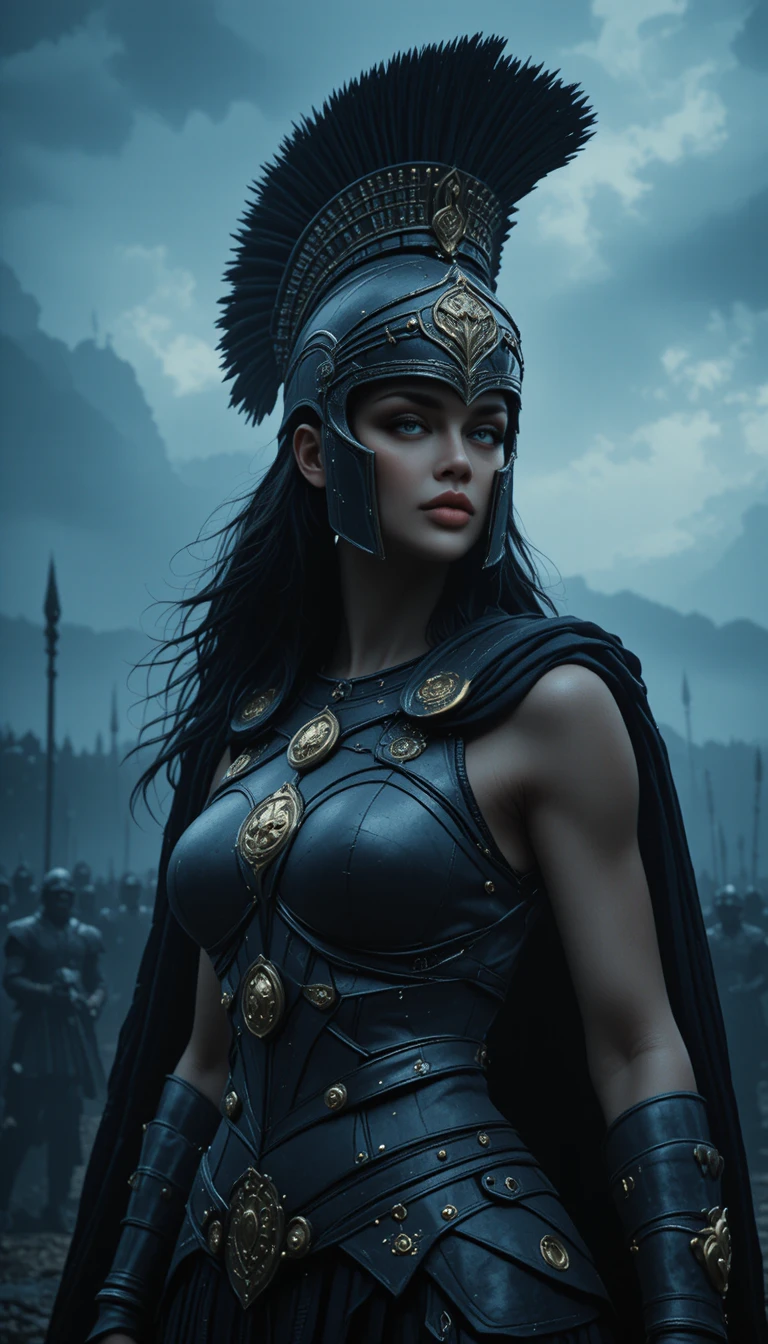 Spartan warrior queen commanding a misty mountain battlefield