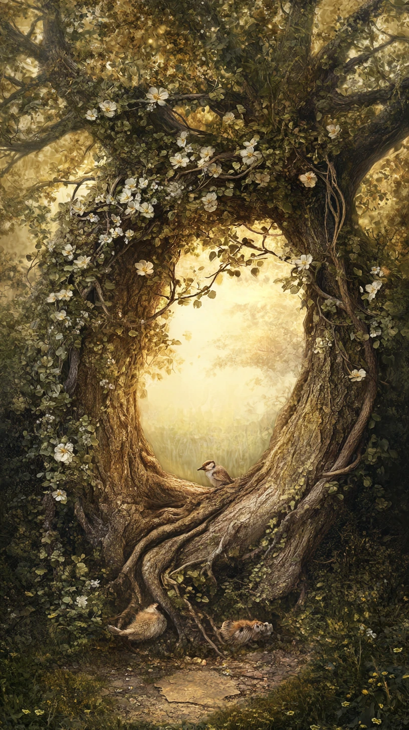 Ancient Split Tree Blooming Gently In Evening Forest Light