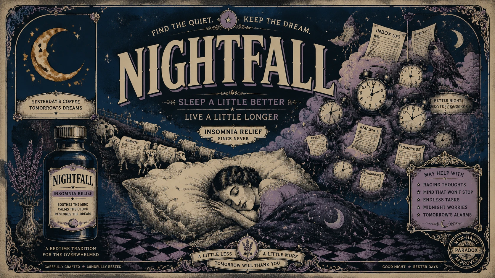 Annuncio vintage contro l’insonnia con simboli notturni surreali