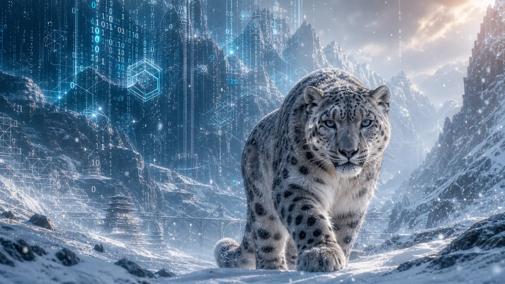 Snow leopard approaching through a digital winter mountain forest